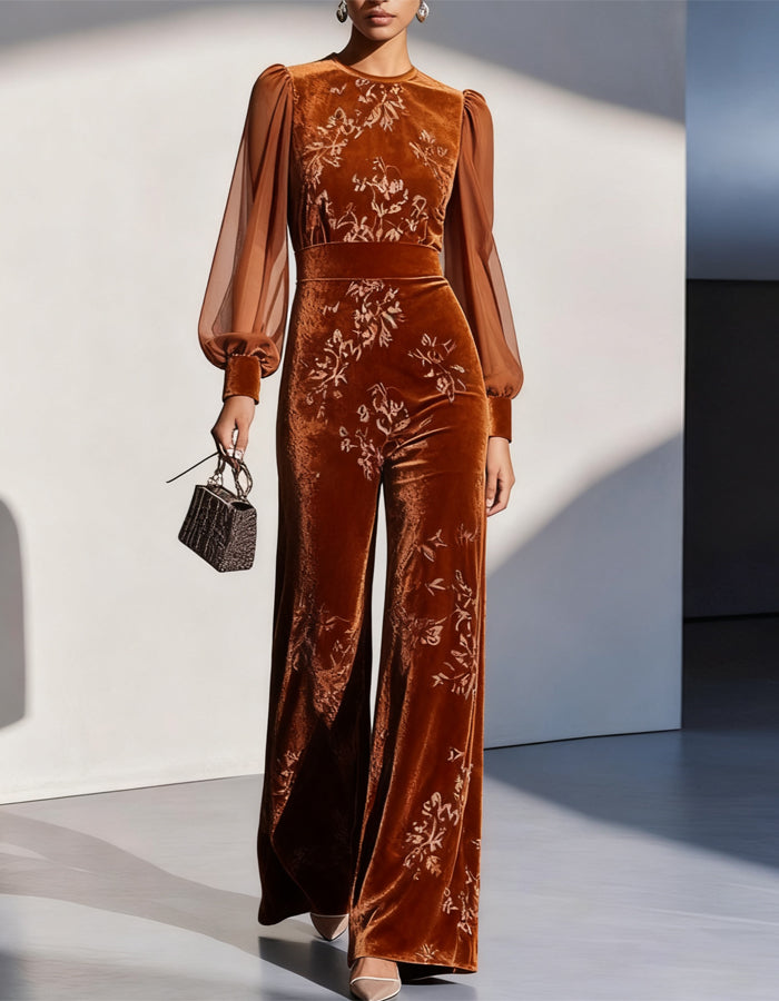Caramel Velvet Round Neck Long Sleeve Balloon Sleeve Jumpsuit