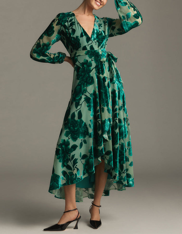 Green Velvet Long Sleeve V-Neck Maxi Dress