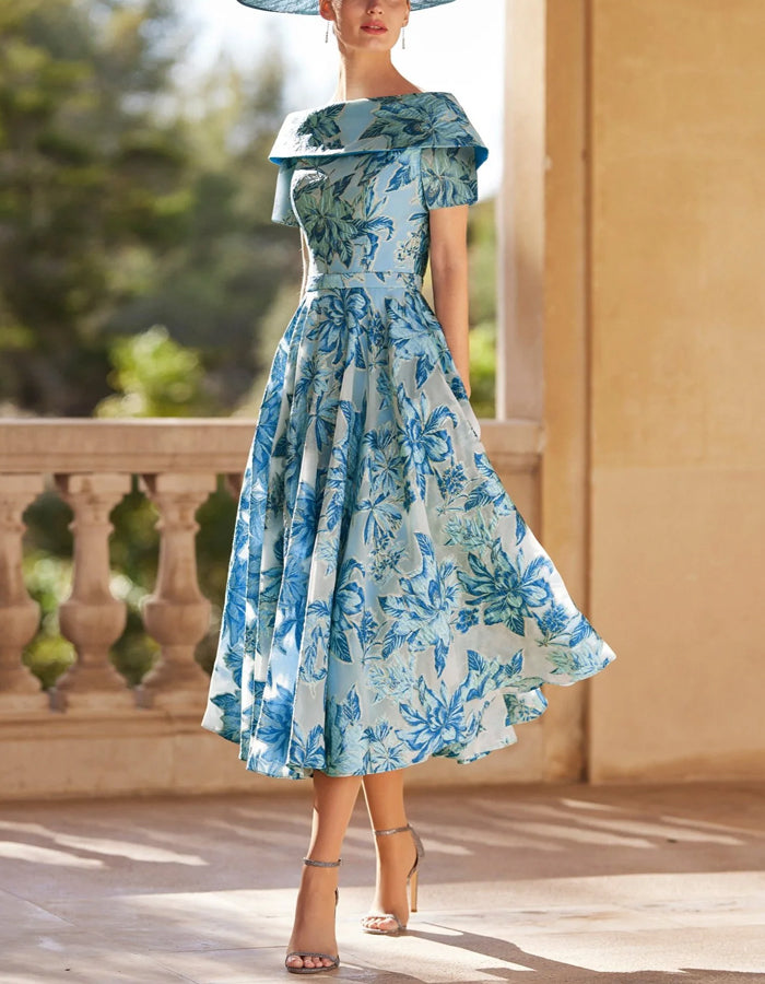 Blue Satin Print Midi Dress