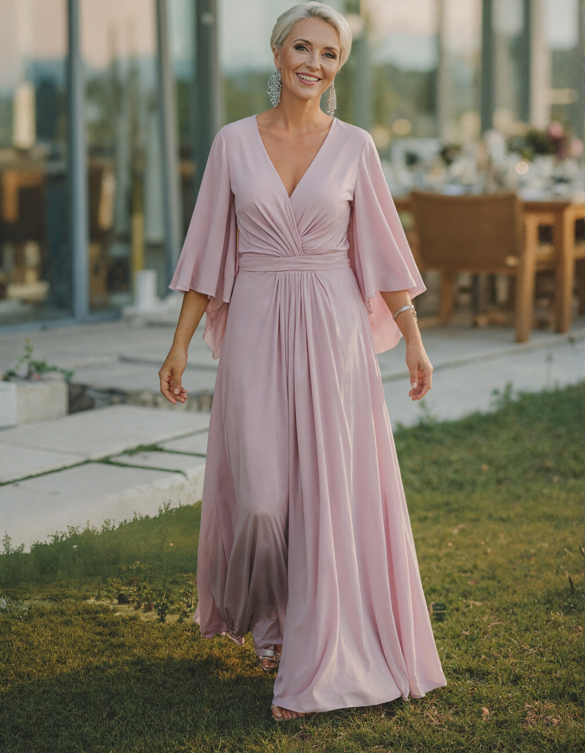 Light Pink V-neck Chiffon Maxi Dress