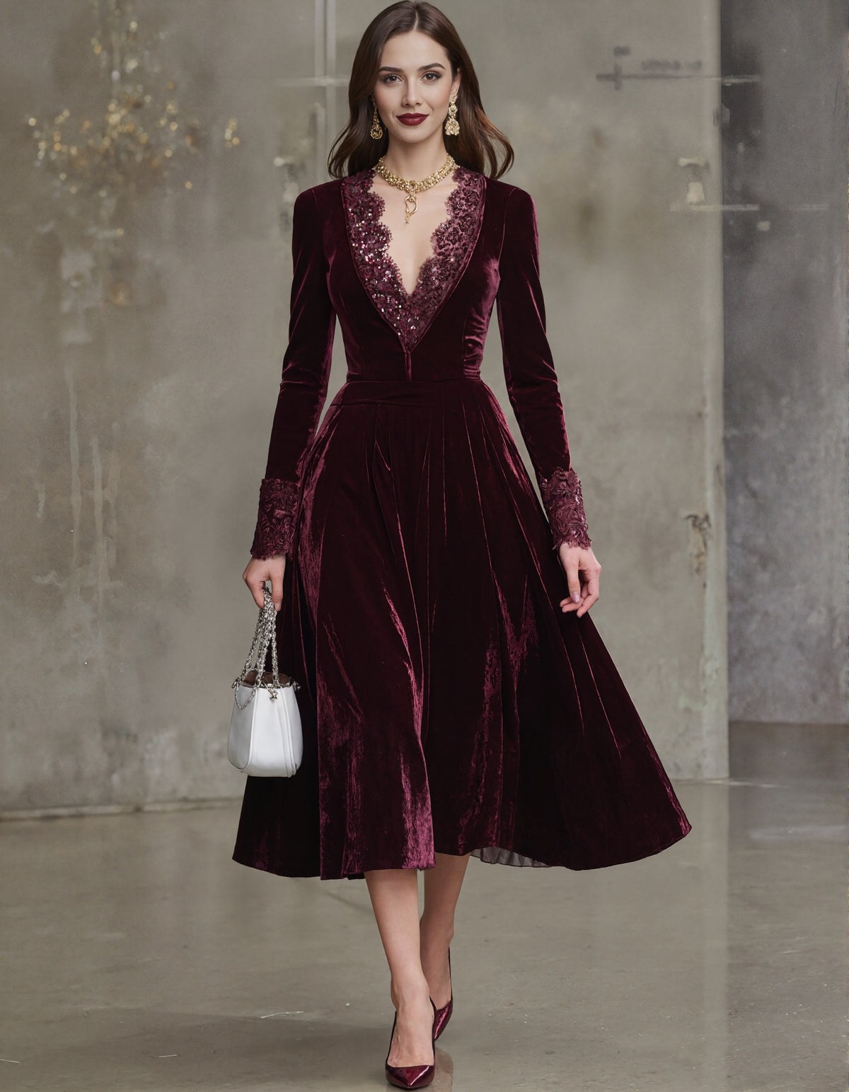 Vestido midi de encaje de terciopelo rojo borgoña