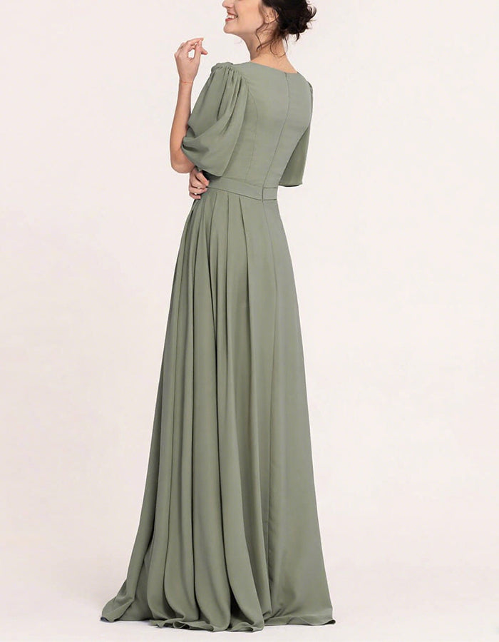 Vestido largo de chifón con mangas de flor 3D verde