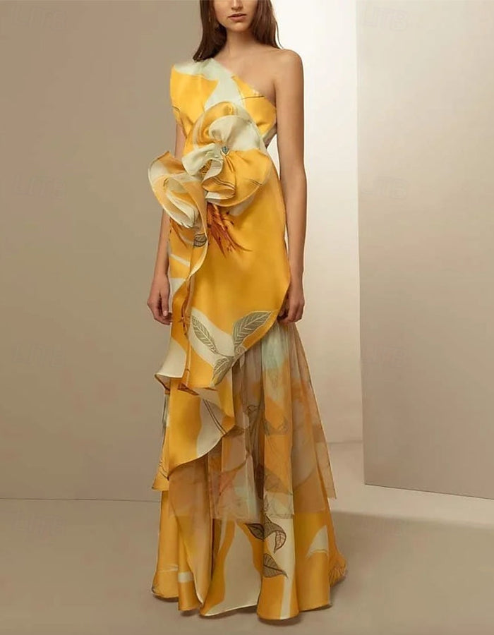 One Shoulder Satin Glitter Floral Print Ruffles Maxi Dress