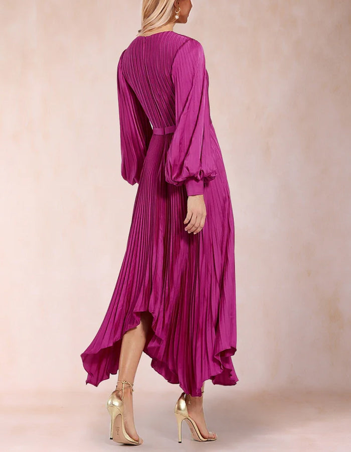 Rose Red A-line Round Neck Pleats Midi Dress
