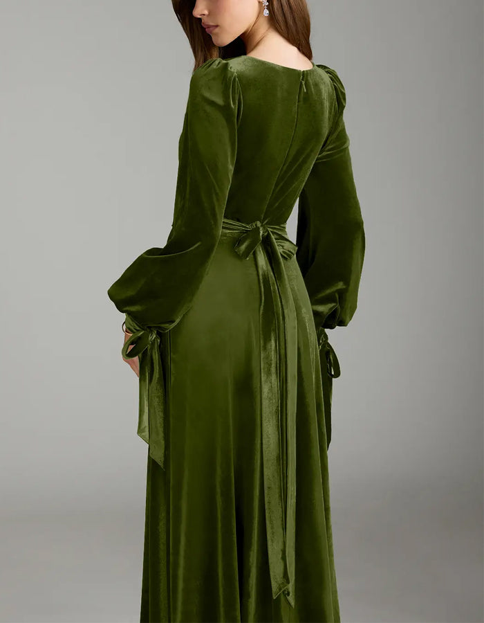 Olive A-Line Long Sleeve Velvet Maxi Dress