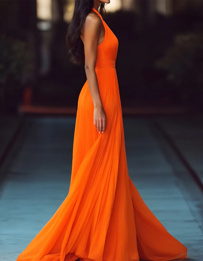 Orange V-neck Halter Neck Pleats Maxi Dress