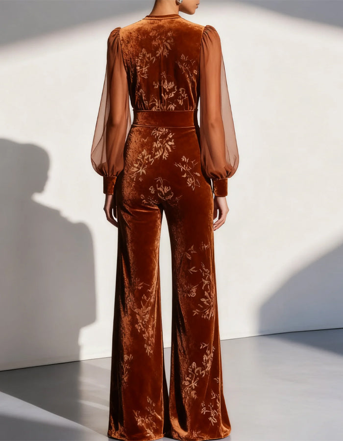Caramel Velvet Round Neck Long Sleeve Balloon Sleeve Jumpsuit