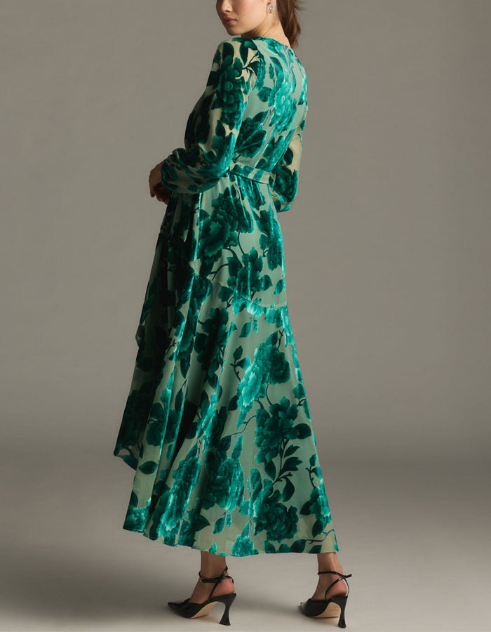 Green Velvet Long Sleeve V-Neck Maxi Dress