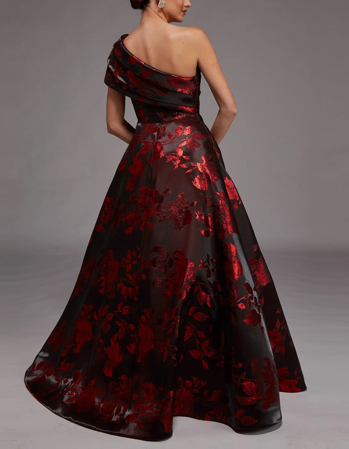 Burgundy Satin Floral One Shoulder Maxi Dress