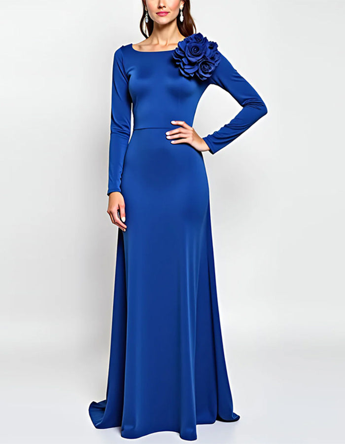 Blue Long Sleeves 3D Flowers Maxi Dress