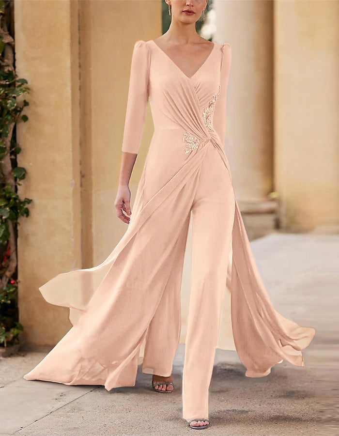 Solid V-neck Chiffon 3/4 Length Sleeve Pleated Layered Ruffle Jumpsuit