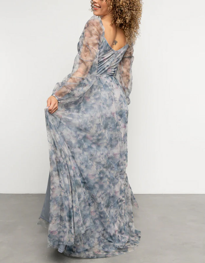 Vestido maxi de chifón estampado azul grisáceo