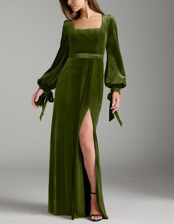Olive A-Line Long Sleeve Velvet Maxi Dress