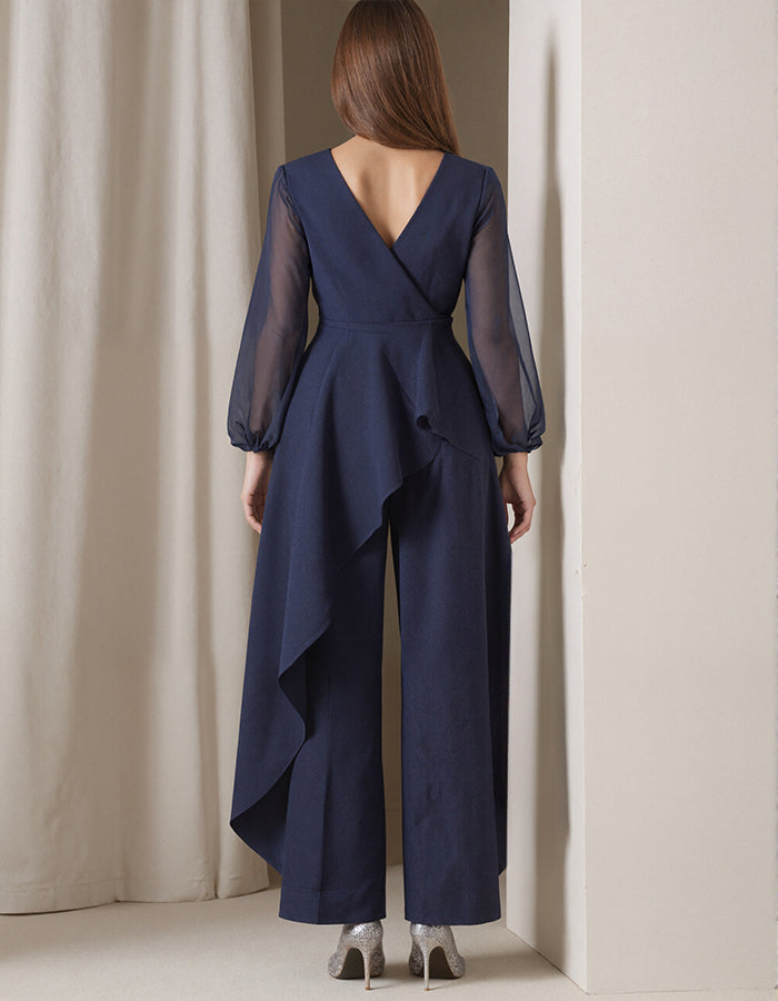 Navy Blue V-Neck Ruffled Long Sleeve Wide-Leg 2-Piece Suit