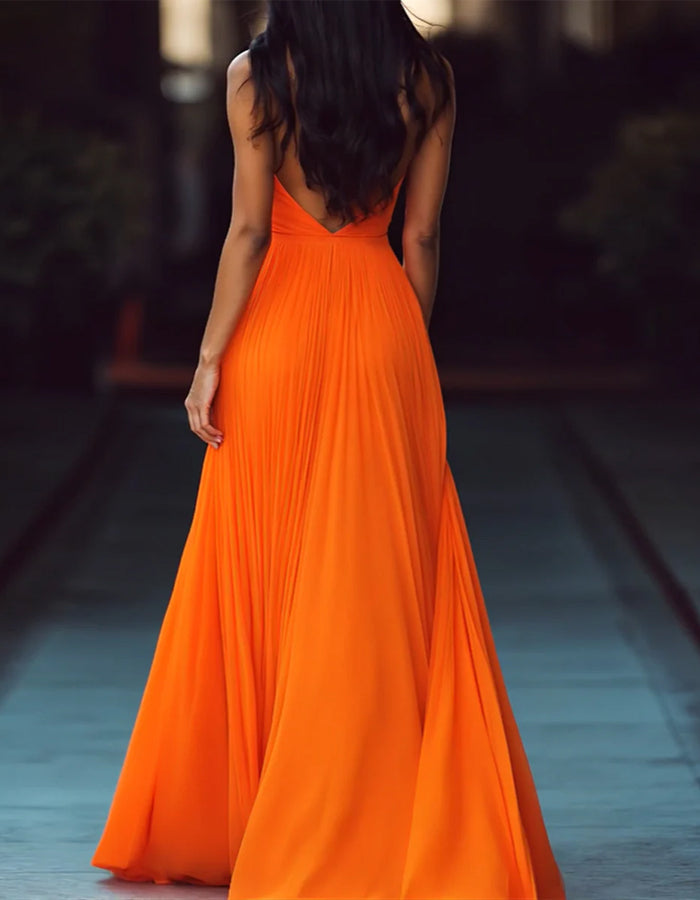 Orange V-neck Halter Neck Pleats Maxi Dress
