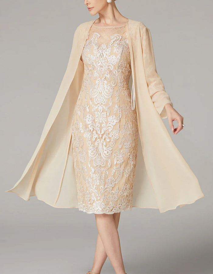 Traje de dos piezas albaricoque gasa encaje manga 3/4 larga apliques vestido Madre de la Novia