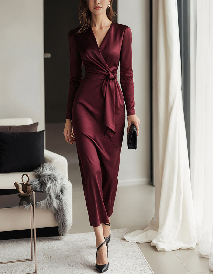 Burgundy Satin Lace Up Straps Midi Dress