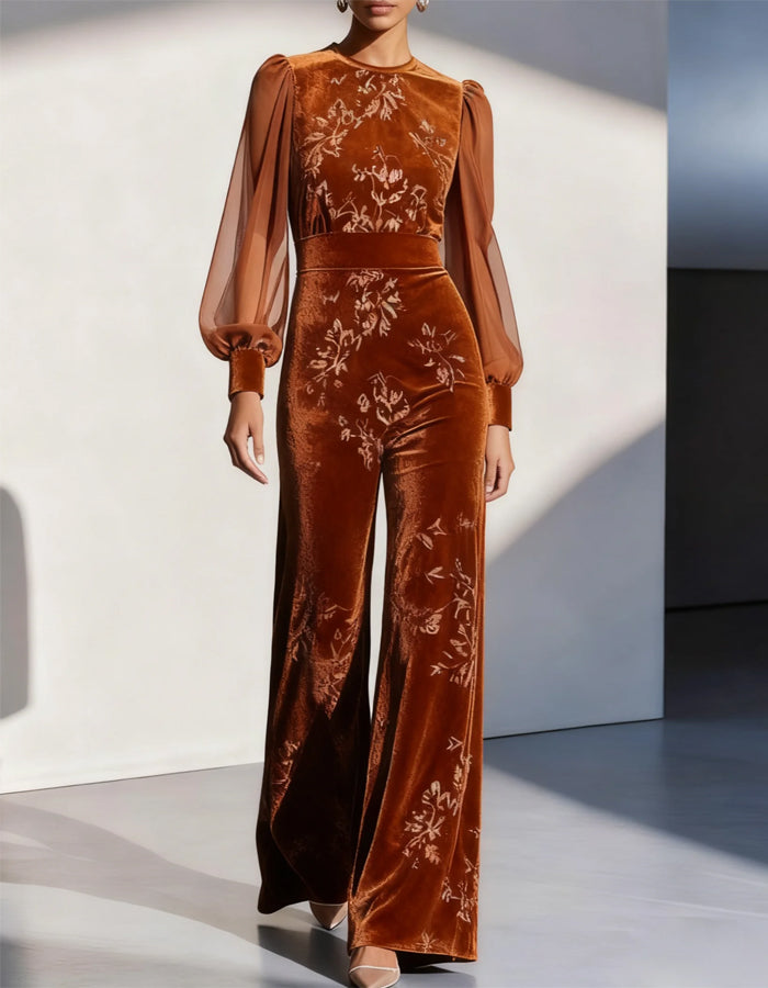 Caramel Velvet Round Neck Long Sleeve Balloon Sleeve Jumpsuit