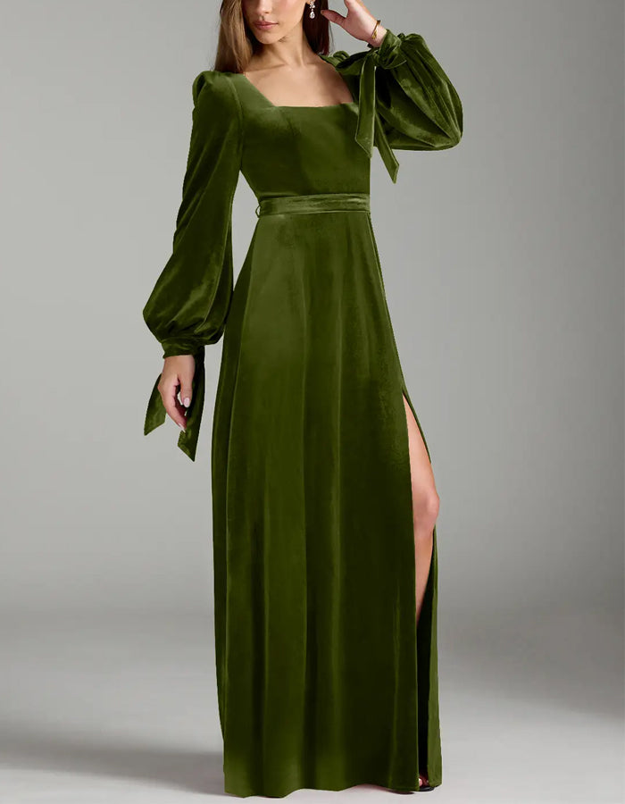 Olive A-Line Long Sleeve Velvet Maxi Dress