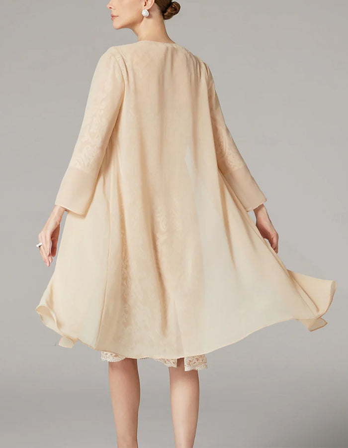 Apricot Chiffon Lace 3/4 Long Sleeve Applique Dress Mother of the Bride 2-Piece Suit