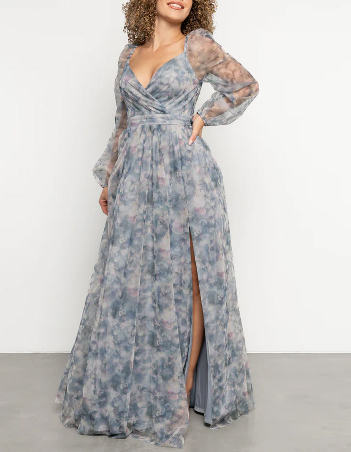 Blue Gray Chiffon Print Maxi Dress