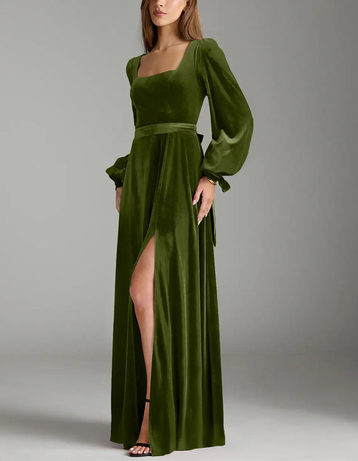 Olive A-Line Long Sleeve Velvet Maxi Dress