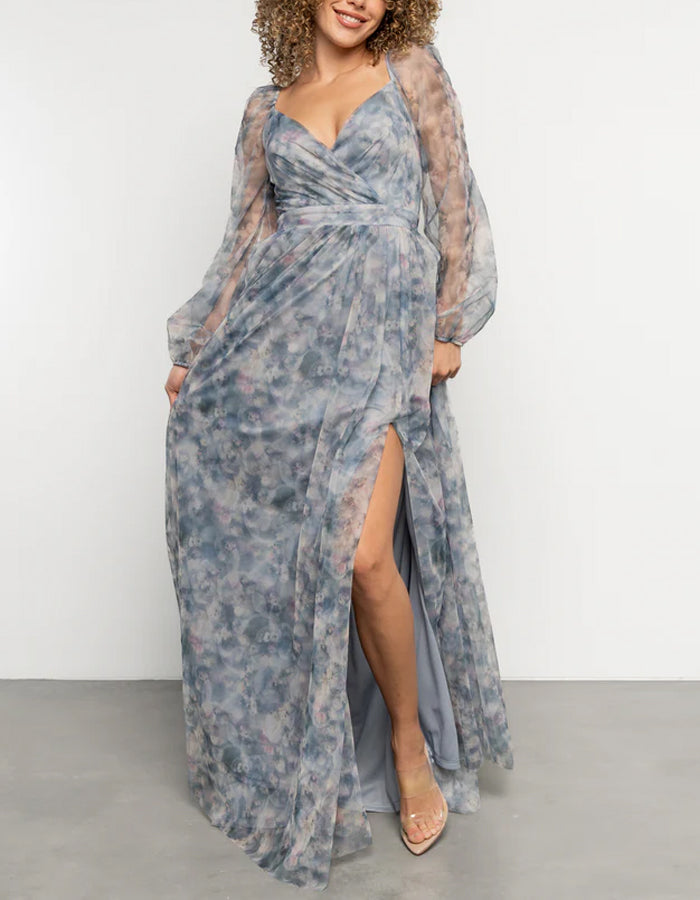 Vestido maxi de chifón estampado azul grisáceo