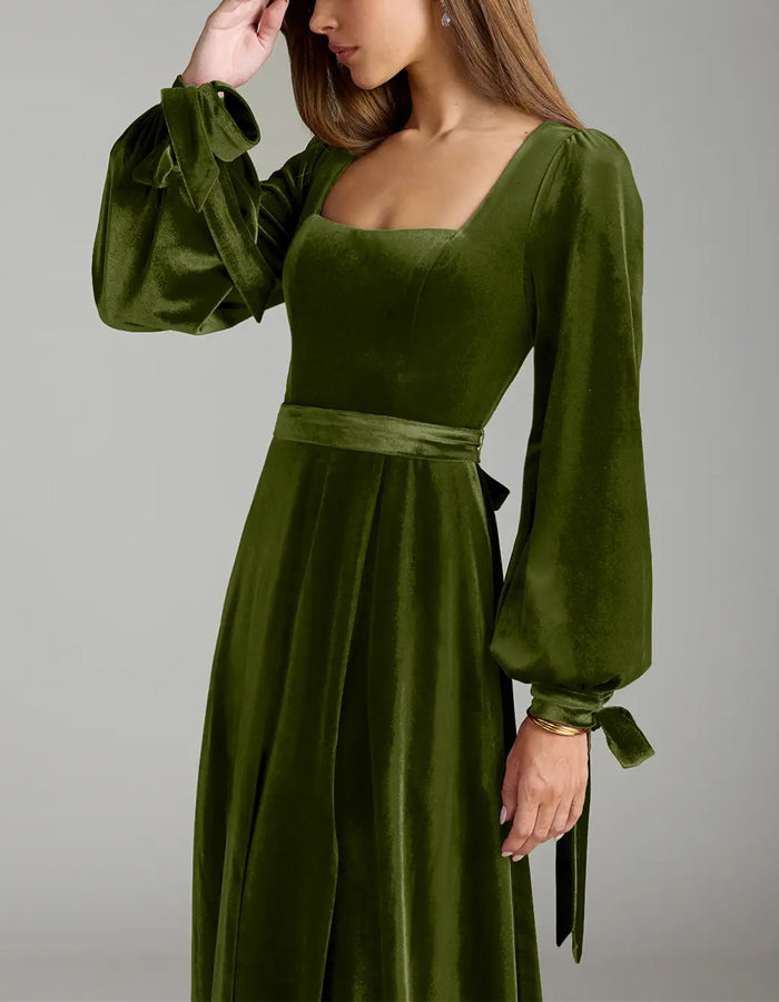 Olive A-Line Long Sleeve Velvet Maxi Dress
