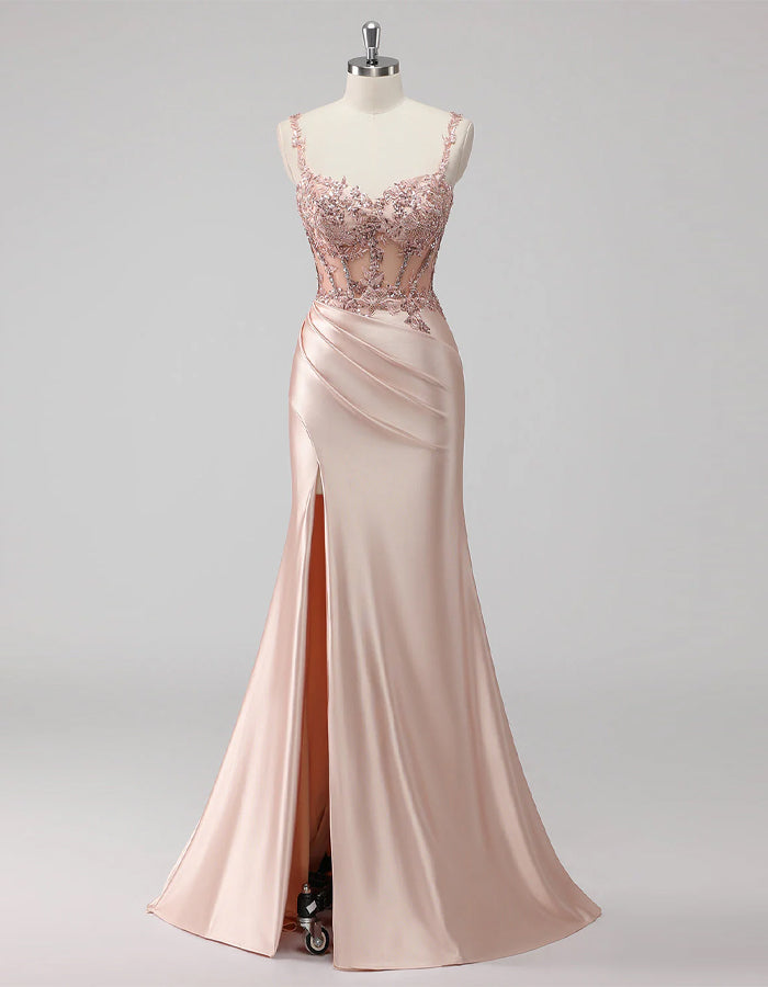 Solid Color Corset Satin Mermaid Slit Ballgown Maxi Dress