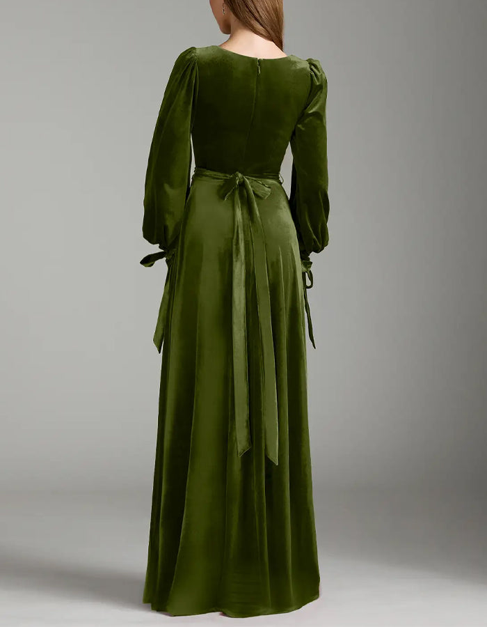 Olive A-Line Long Sleeve Velvet Maxi Dress