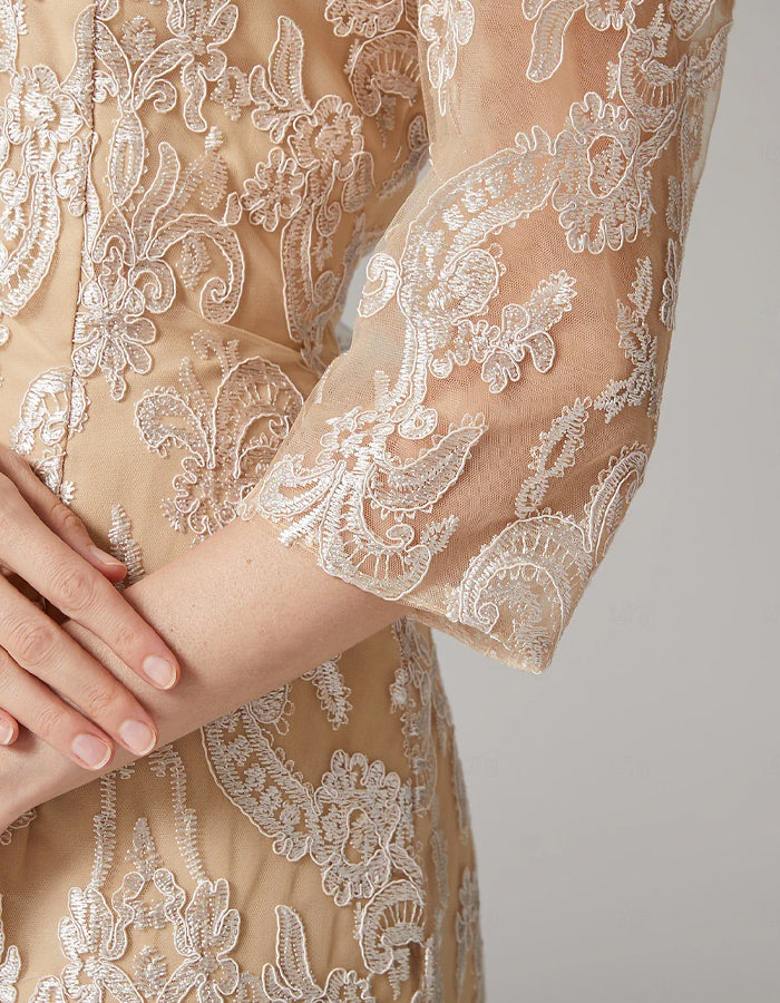Apricot Chiffon Lace 3/4 Long Sleeve Applique Dress Mother of the Bride 2-Piece Suit