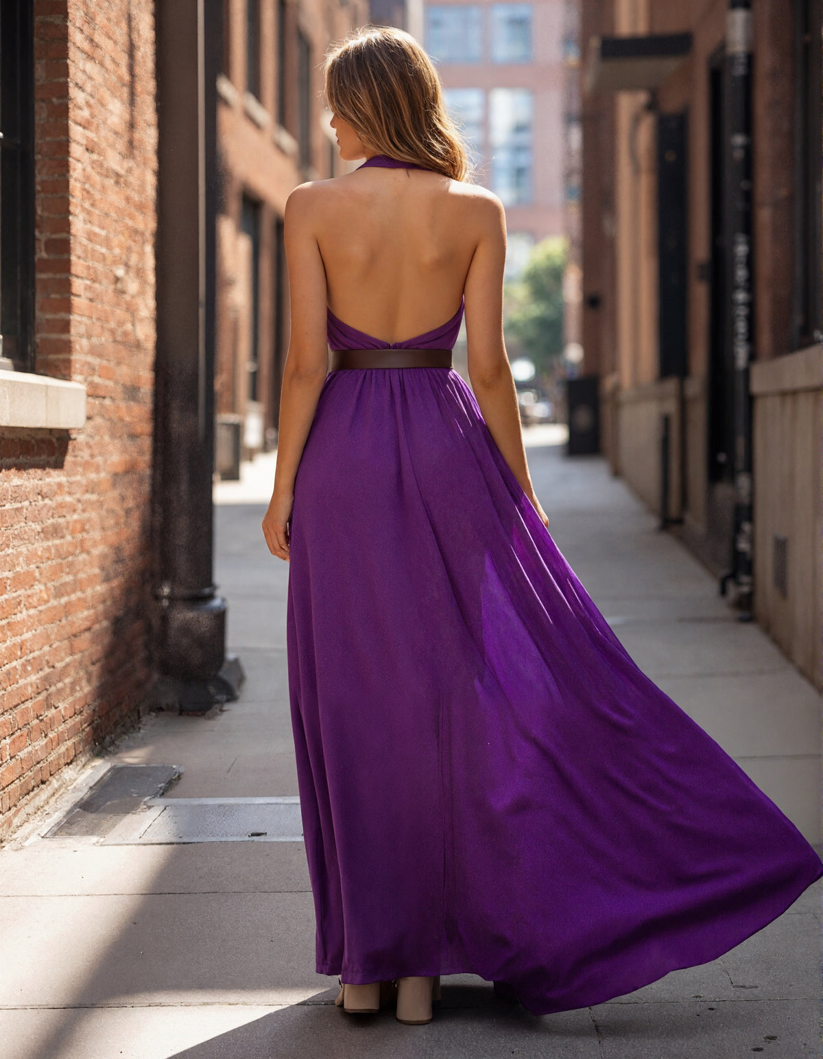 Vibrant Purple Chiffon Gown with Plunging Neckline and Belted Waist