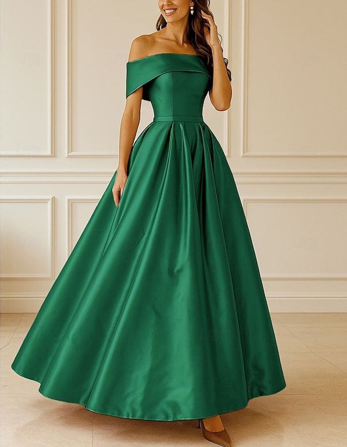 A-line Elegant Floor-length Off-the-shoulder Short-sleeved Satin Maxi Dress