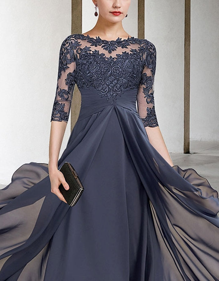A-line Asymmetric Chiffon Lace Half Sleeve Midi Dress