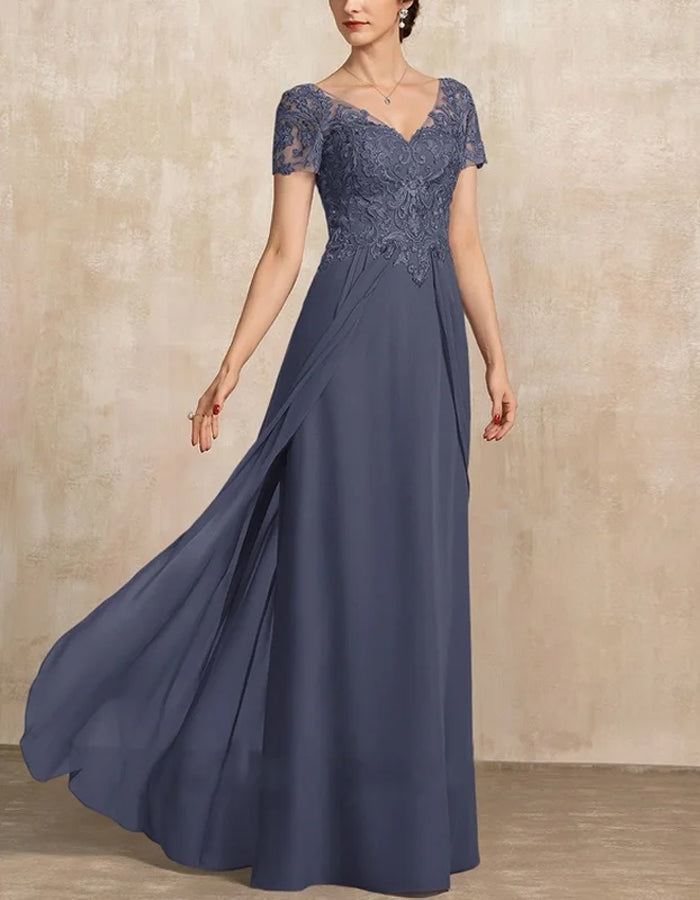 Navy Blue Lace-Embroidered V-Neck Evening Gown