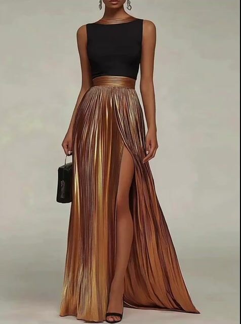 Striking Black and Metallic Bronze Gown with Pleated Satin Skirt