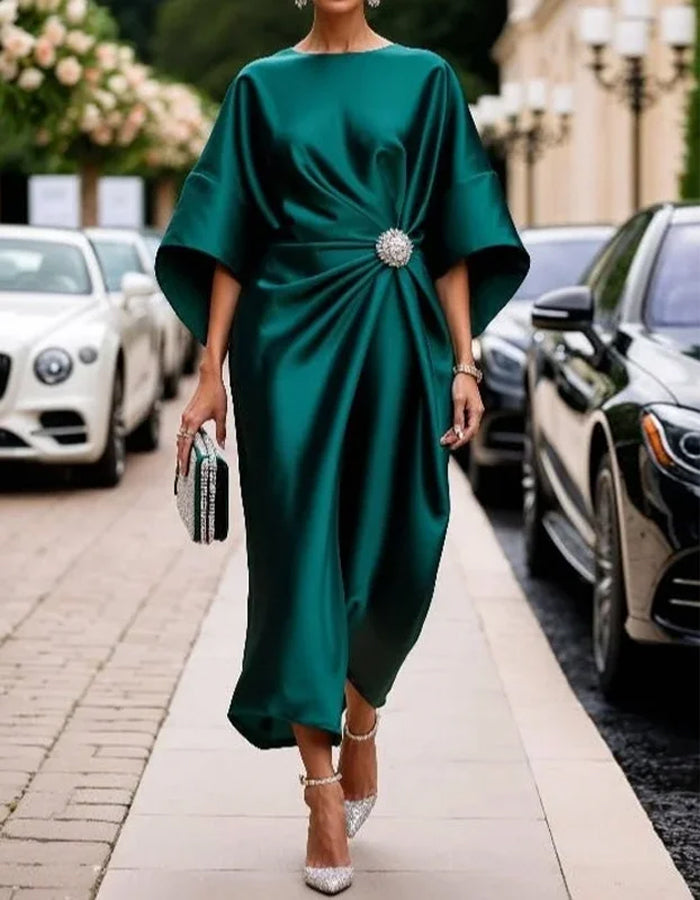 Short Sleeves Solid Satin Midi Dress