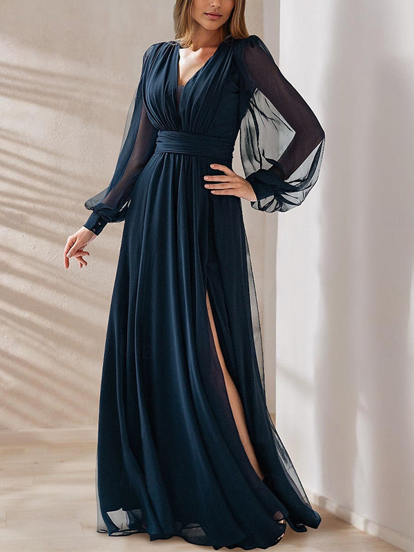 Dark Blue Long Sleeved Chiffon Maxi Dress