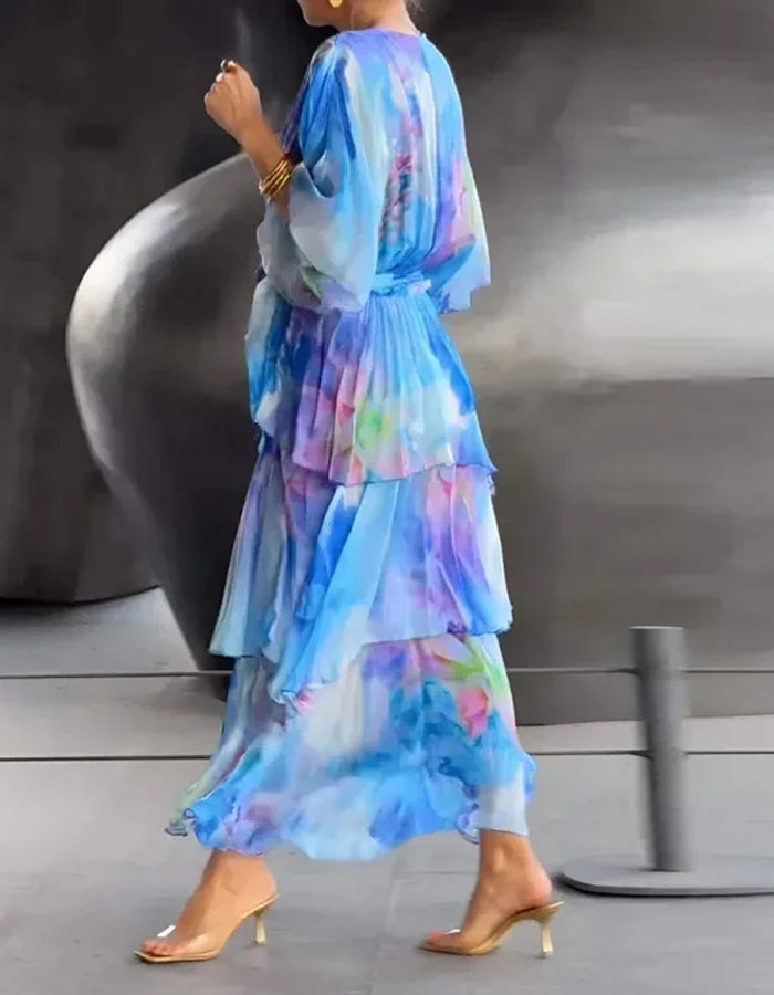 Ethereal Chiffon Midi Dress with Watercolor Ruffle Layers