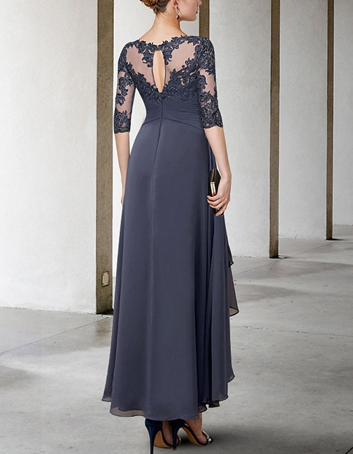 A-line Asymmetric Chiffon Lace Half Sleeve Midi Dress