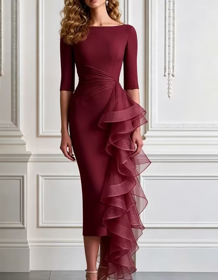 Boat Neck Three-quarter Sleeve Midi Dress
