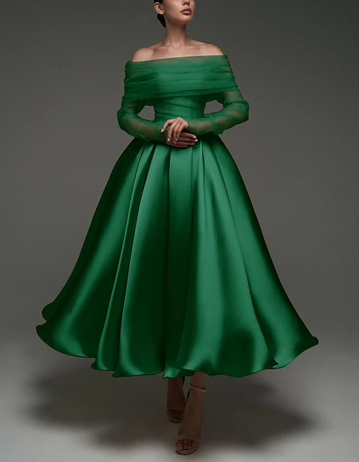 A-line Satin Removable Mesh Shawl Midi Dress