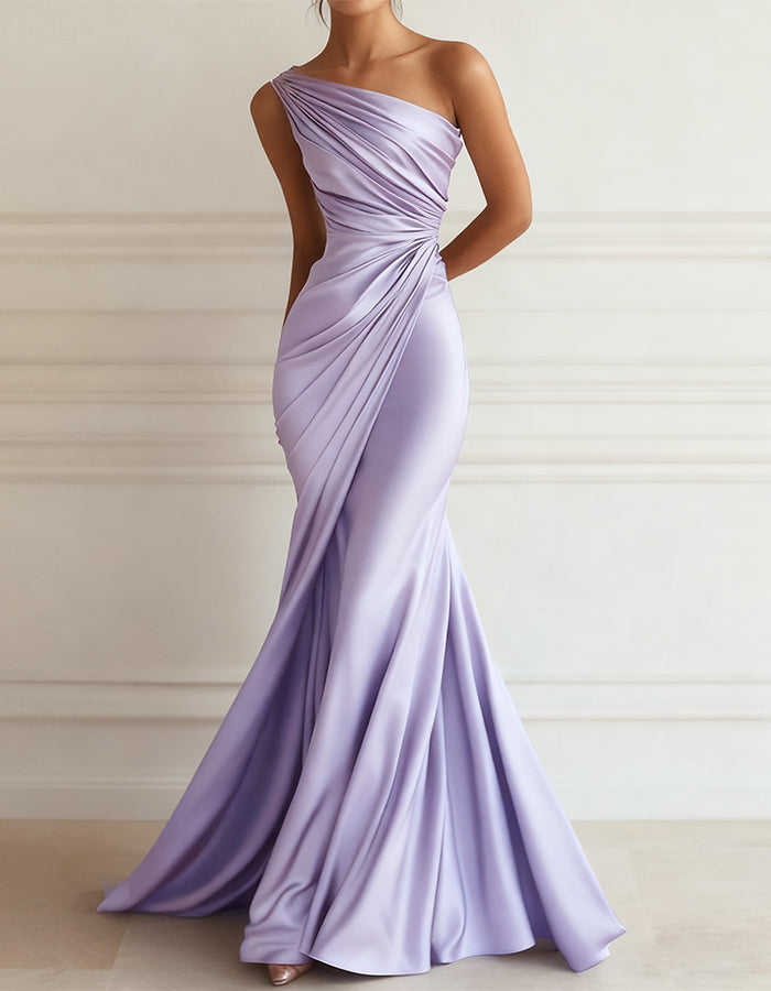 Vestido maxi de satén elástico plisado con un hombro