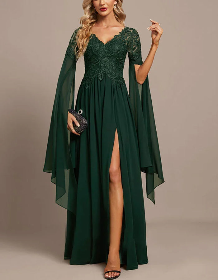 Emerald Green Lace Sleeve Evening Gown with High Slit