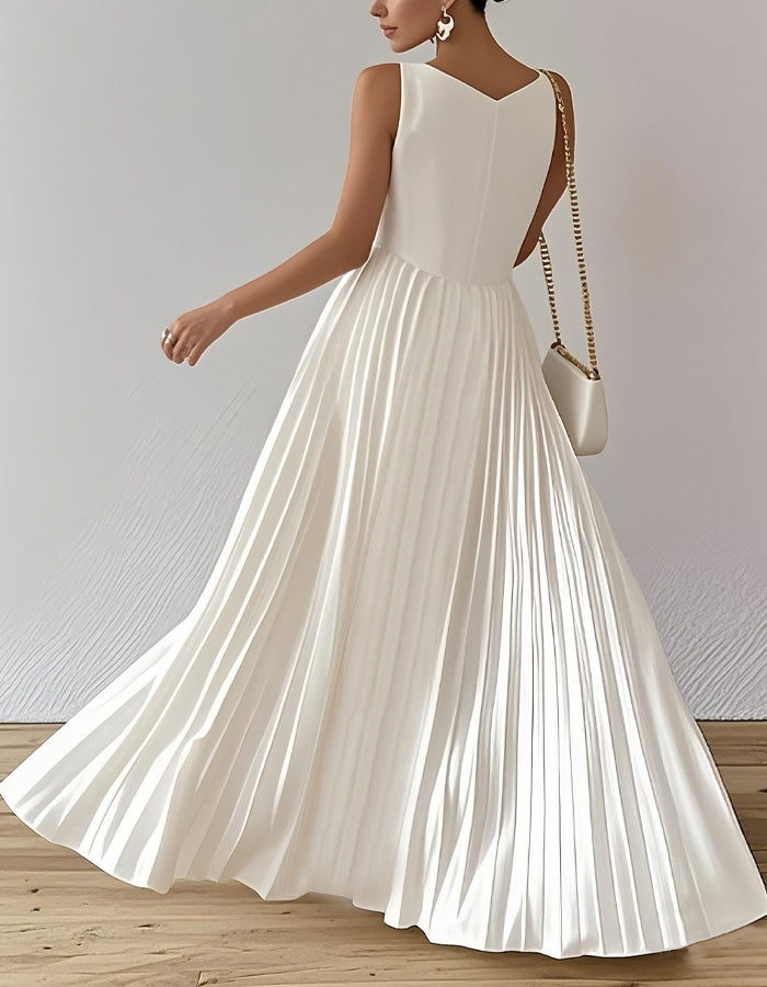 White Pleated Waist Maxi Dress