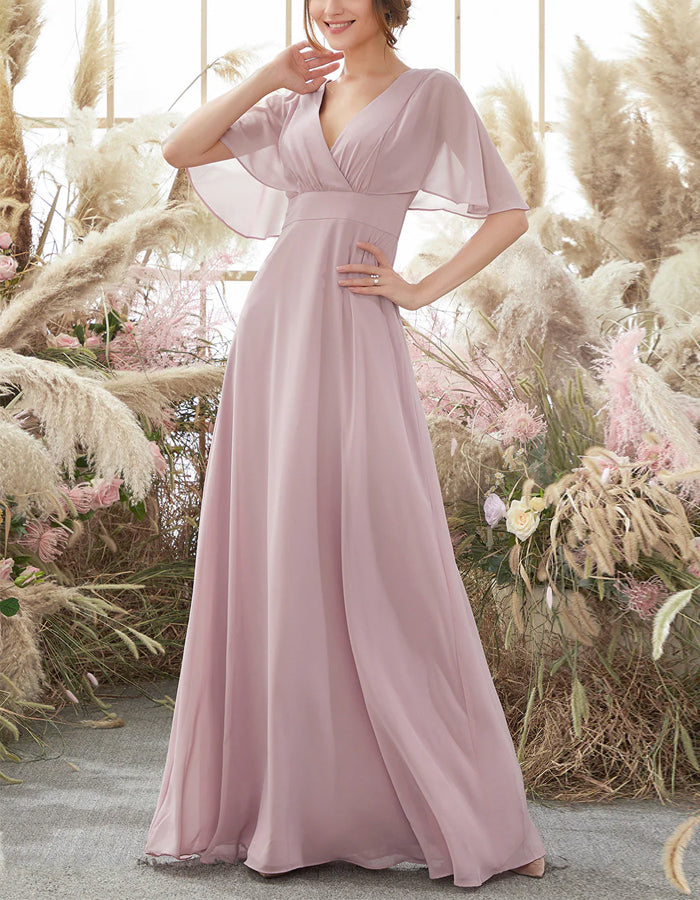 Pink and Grey Batwing Sleeve Chiffon Bridesmaids Dress