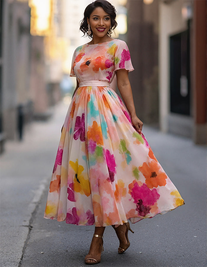 Vibrant Multicolor Chiffon Dress with Watercolor Floral Print