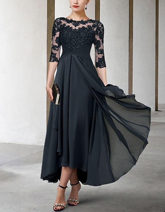 A-line Asymmetric Chiffon Lace Half Sleeve Midi Dress