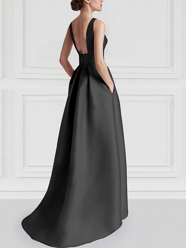 Elegant Dark Gray Satin High-Low Gown with Beaded Appliqué