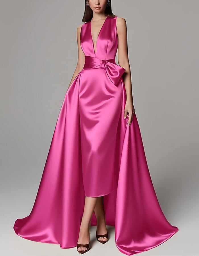Solid Color A-line Formal Floor-length Long Sleeve Satin Ribbon Bow Maxi Dress